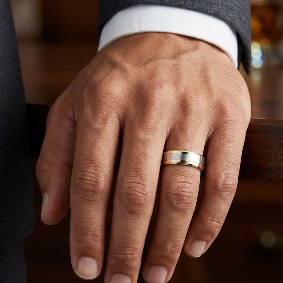 6mm Drop Bevel Satin Finish Carved Wedding Band in 14K Two-Tone Gold, worn on hand, masculine close-up