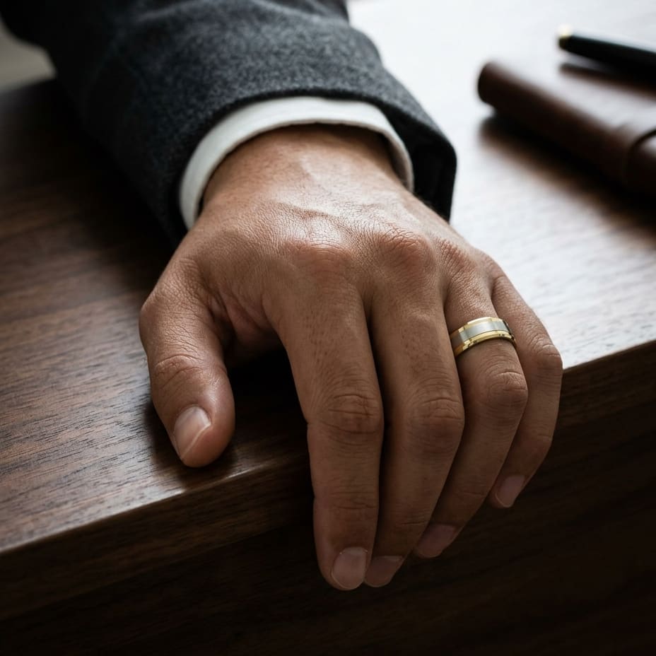 6mm Drop Bevel Satin Finish Carved Wedding Band in 14K Two-Tone Gold, worn on hand, masculine full view