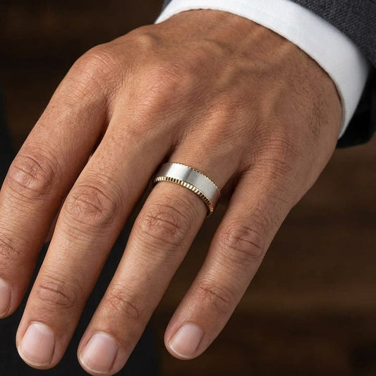 8mm Satin Finish Carved Wedding Band in 14K Two-Tone Gold, worn on hand, masculine close-up