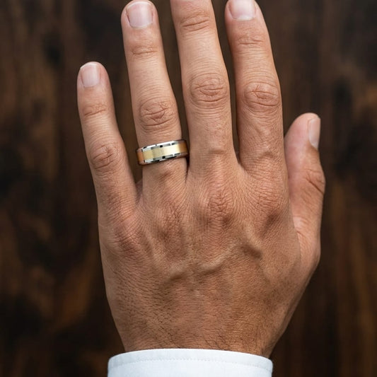 6mm Satin Finish Carved Wedding Band in 14K Two-Tone Gold, worn on hand, masculine close-up