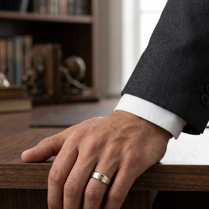 6mm Satin Finish Carved Wedding Band in 14K Two-Tone Gold, worn on hand, masculine full view