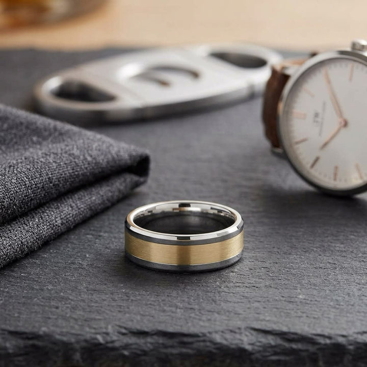 6mm Satin Finish Carved Wedding Band in 14K Two-Tone Gold, on walnut surface with pocket square