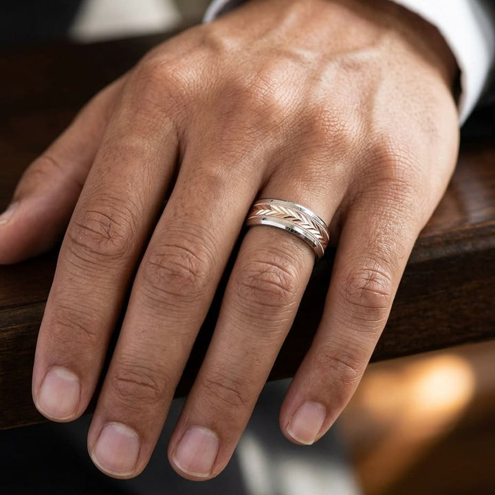 8mm Drop Bevel Wheat Pattern Carved Wedding Band in 14K Two-Tone Gold, worn on hand, masculine close-up