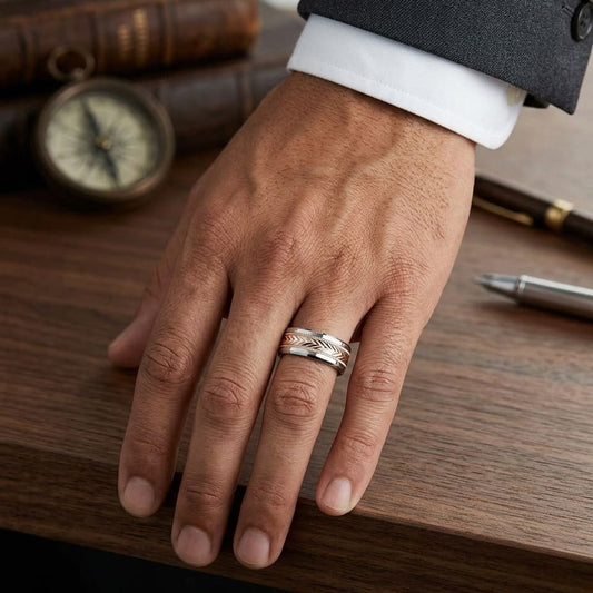 8mm Drop Bevel Wheat Pattern Carved Wedding Band in 14K Two-Tone Gold, worn on hand, masculine full view