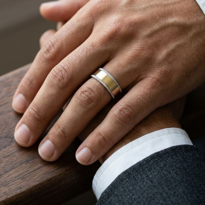 8mm Satin Finish Carved Wedding Band in 14K Two-Tone Gold, worn on hand, masculine close-up