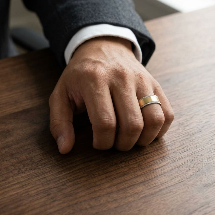 8mm Satin Finish Carved Wedding Band in 14K Two-Tone Gold, worn on hand, masculine full view