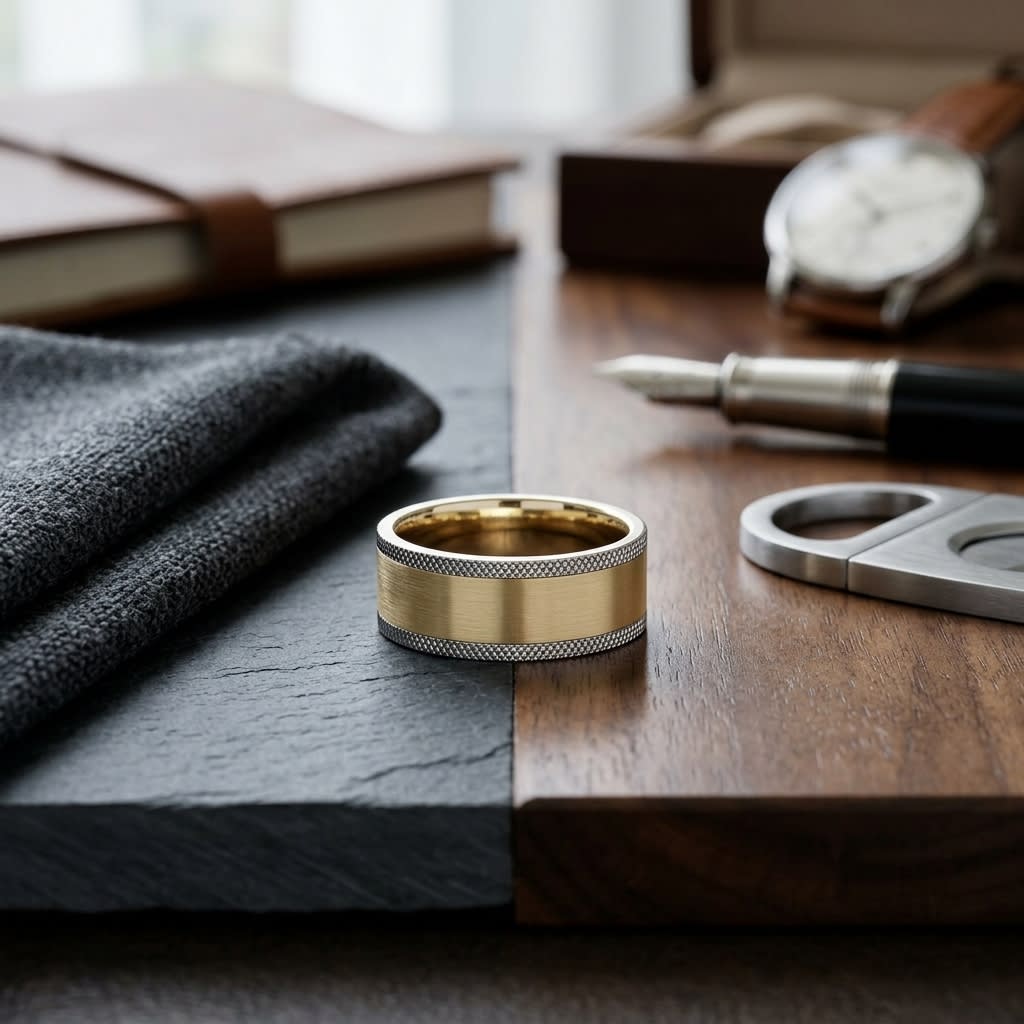 8mm Satin Finish Carved Wedding Band in 14K Two-Tone Gold, on walnut surface with pocket square