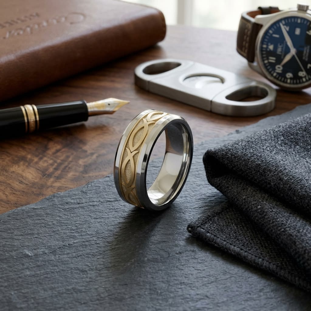 8mm Drop Bevel Ichthys Carved Wedding Band in 14K Two-Tone Gold, on walnut surface with pocket square