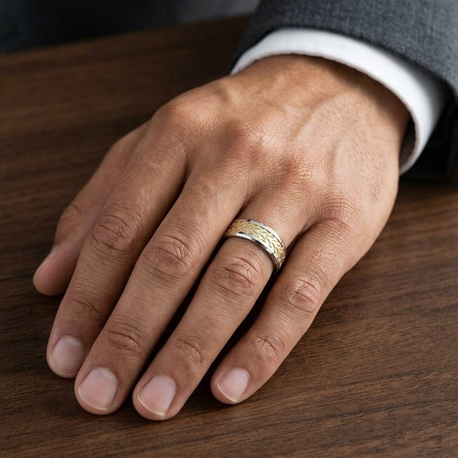 8mm Drop Bevel Treaded Carved Wedding Band in 14K Two-Tone Gold, worn on hand, masculine close-up