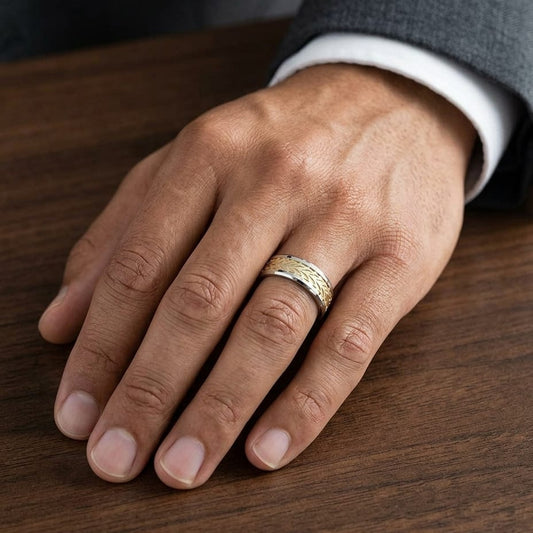 8mm Drop Bevel Treaded Carved Wedding Band in 14K Two-Tone Gold, worn on hand, masculine close-up