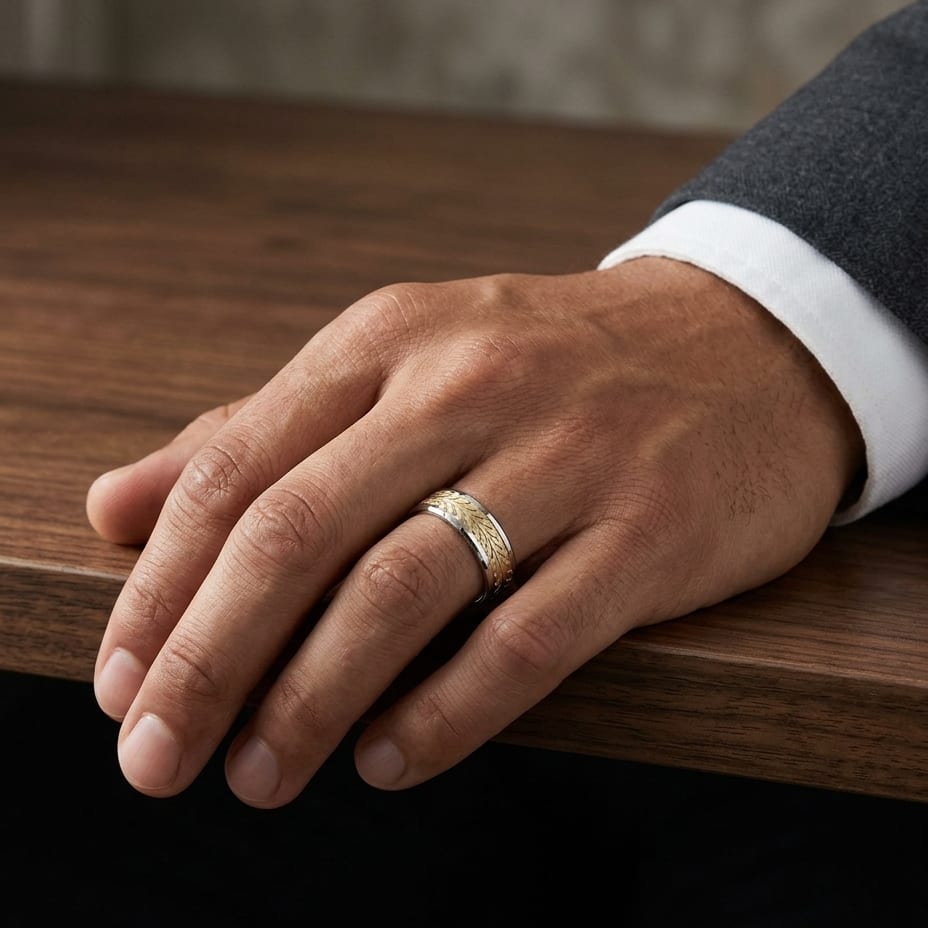 8mm Drop Bevel Treaded Carved Wedding Band in 14K Two-Tone Gold, worn on hand, masculine full view
