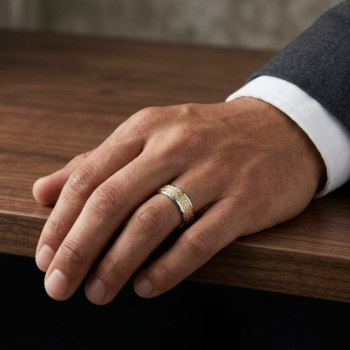8mm Drop Bevel Treaded Carved Wedding Band in 14K Two-Tone Gold, worn on hand, masculine full view