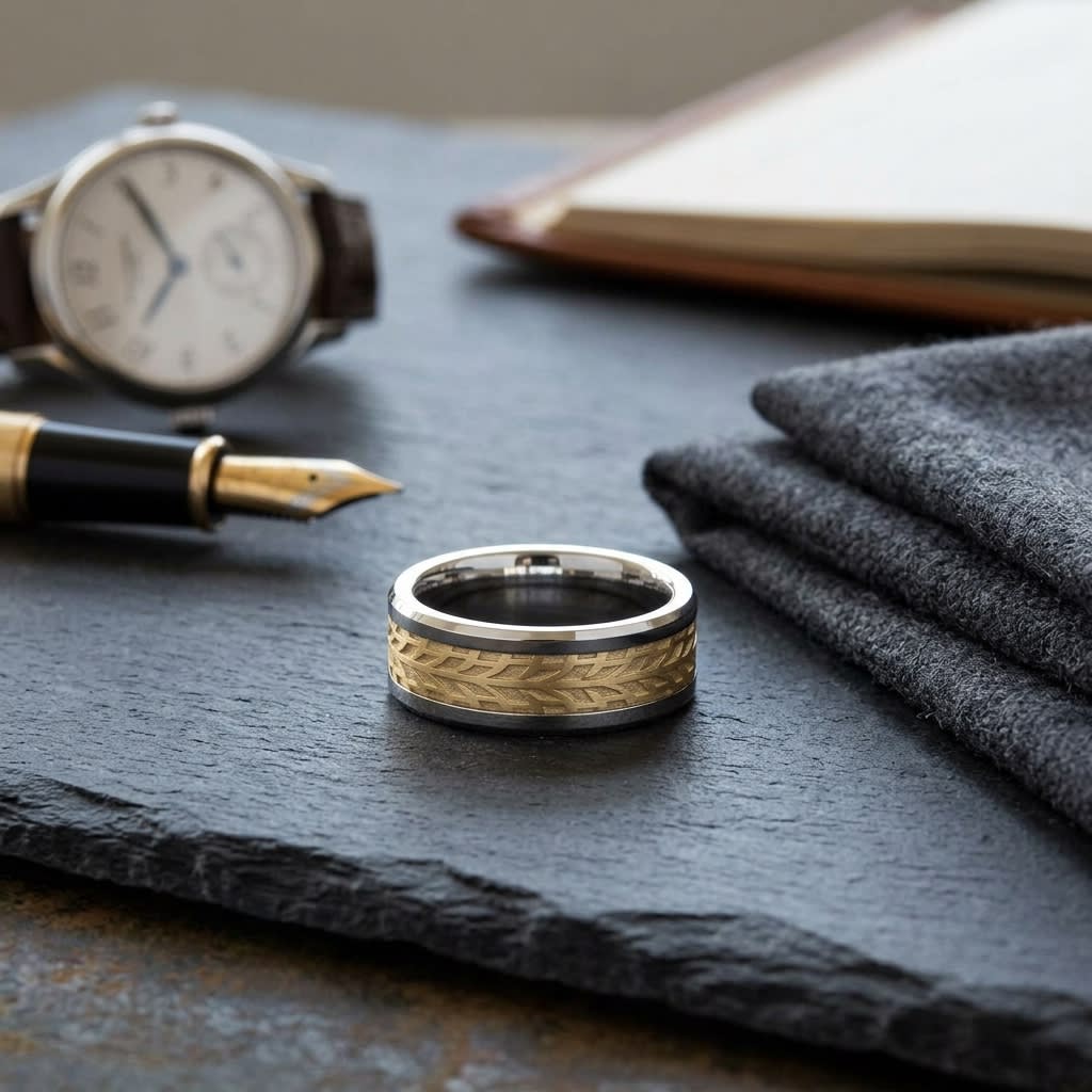 8mm Drop Bevel Treaded Carved Wedding Band in 14K Two-Tone Gold, on walnut surface with pocket square