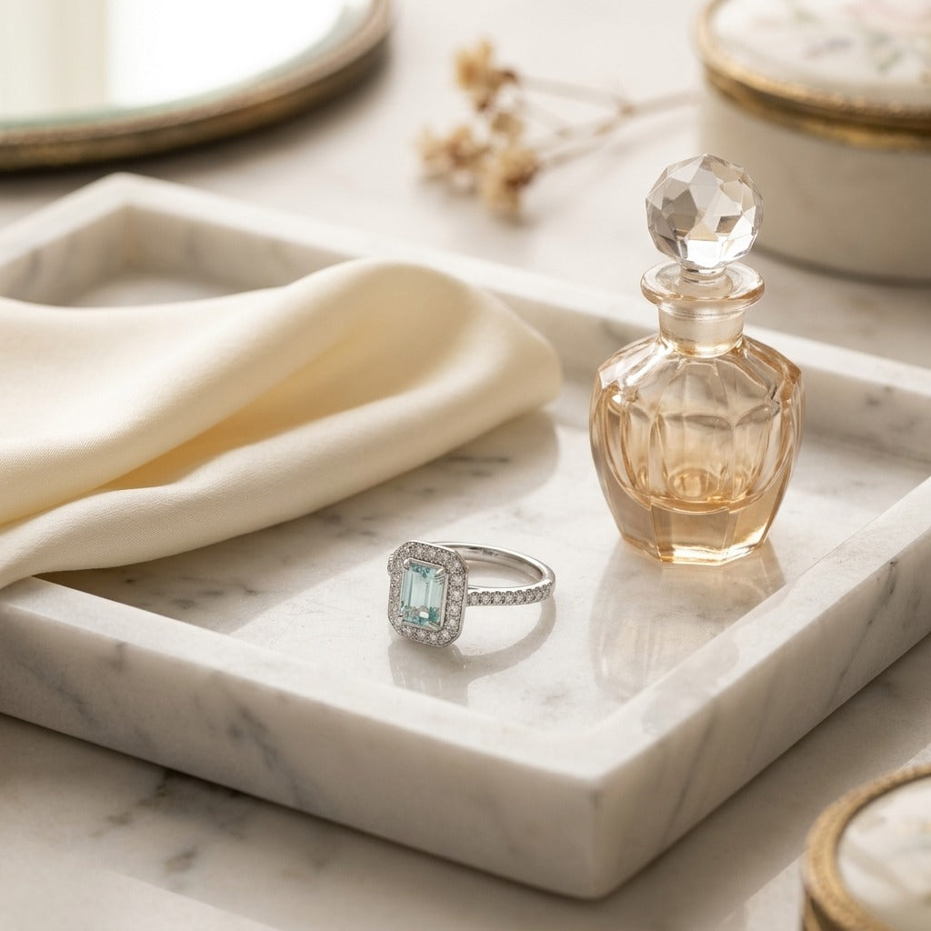 Aquamarine Emerald Cut Halo Ring in 14K White Gold - lifestyle