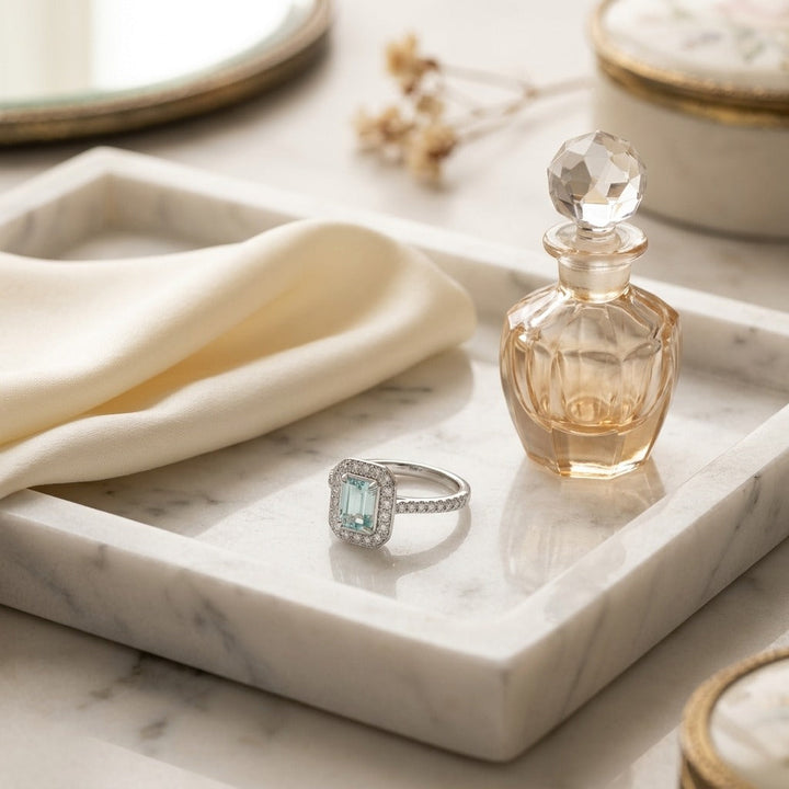 Aquamarine Emerald Cut Halo Ring in 14K White Gold - lifestyle