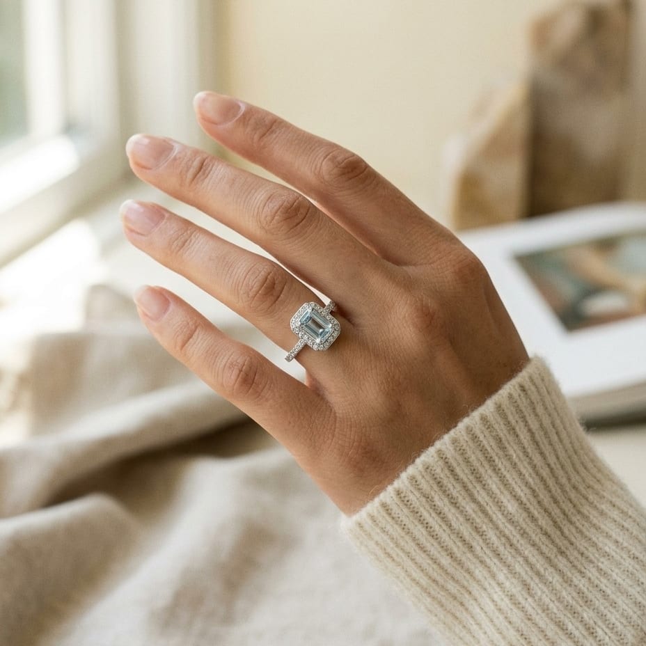 Aquamarine Emerald Cut Halo Ring in 14K White Gold - editorial