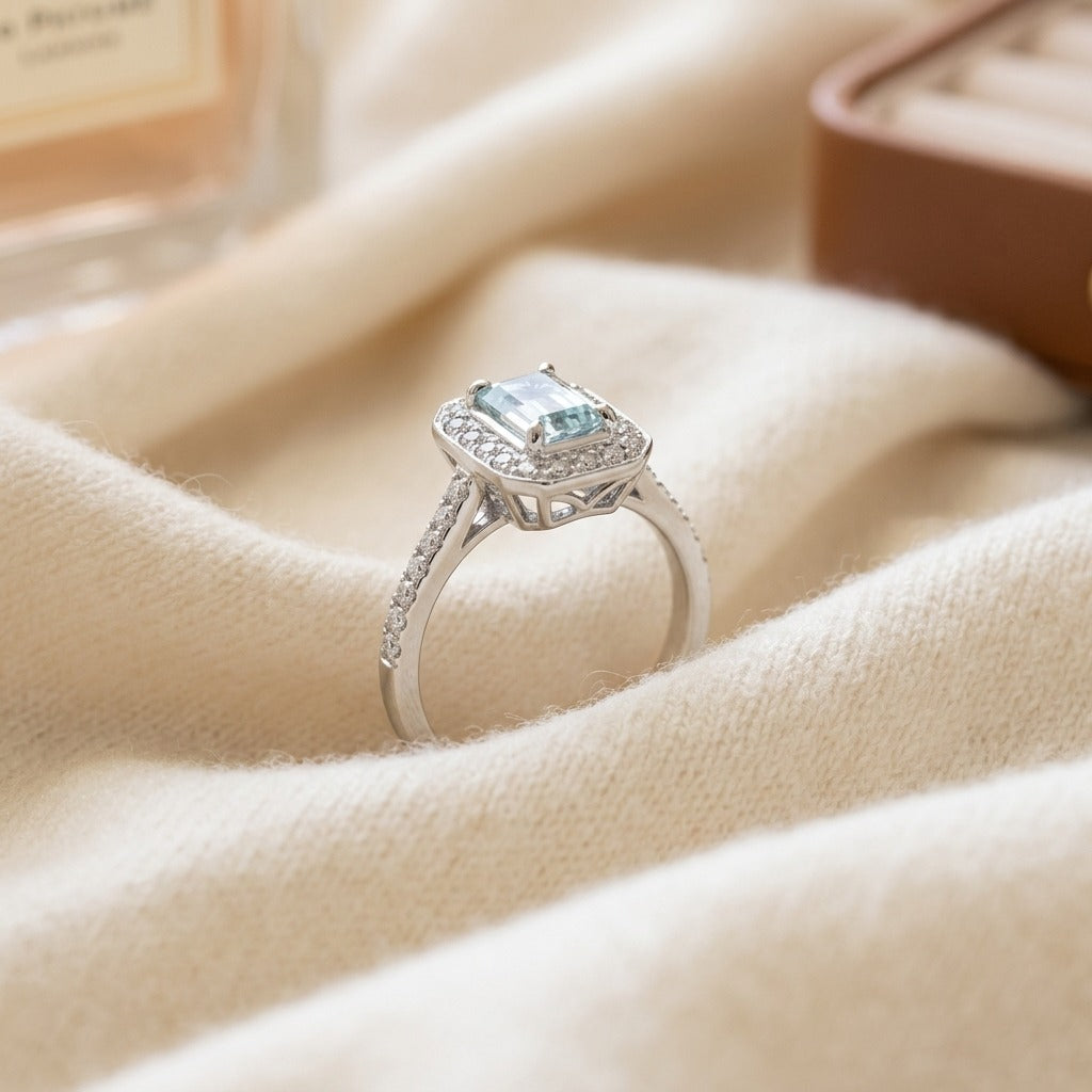 Aquamarine Emerald Cut Halo Ring in 14K White Gold - flat lay