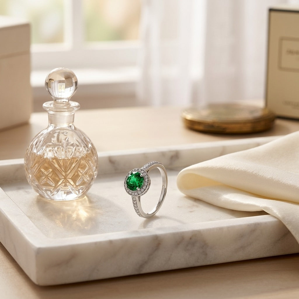Green Tourmaline & Diamond Halo Ring 1/5ctw in 14K White Gold - editorial
