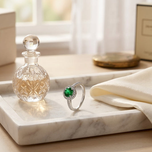 Green Tourmaline & Diamond Halo Ring 1/5ctw in 14K White Gold - editorial