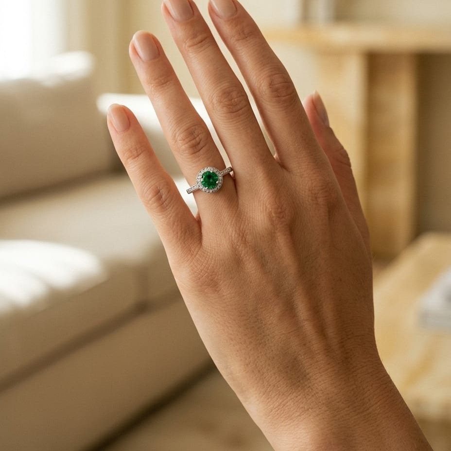 Green Tourmaline & Diamond Halo Ring 1/5ctw in 14K White Gold - lifestyle