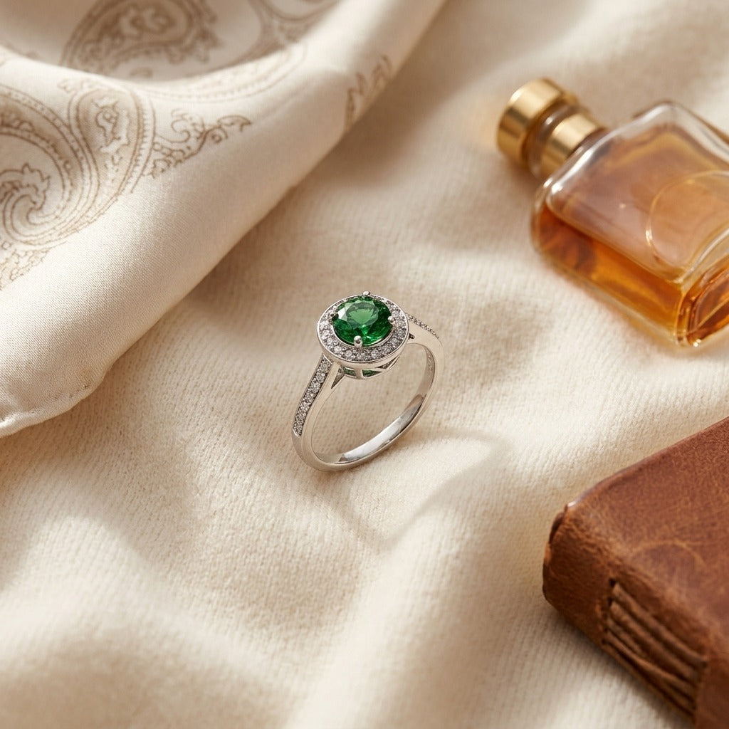 Green Tourmaline & Diamond Halo Ring 1/5ctw in 14K White Gold - flat lay