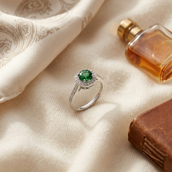 Green Tourmaline & Diamond Halo Ring 1/5ctw in 14K White Gold - flat lay