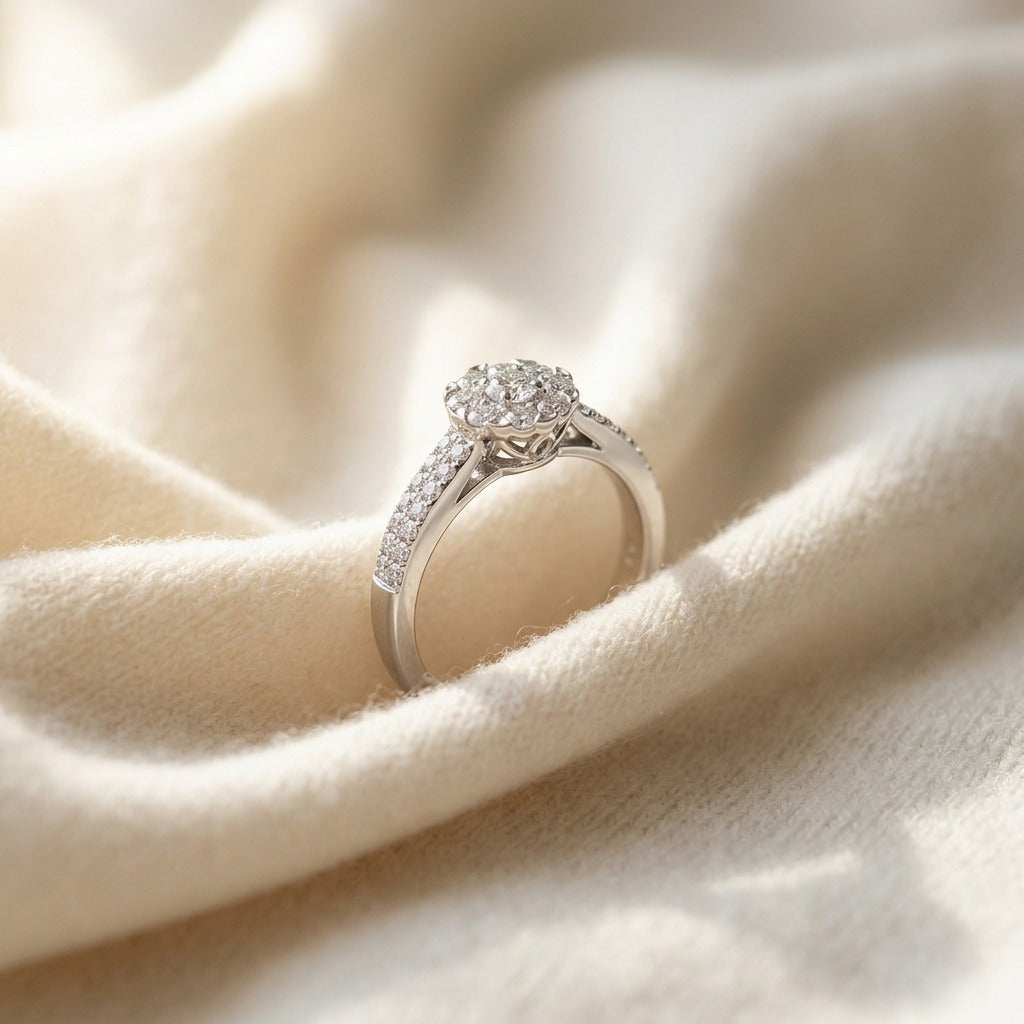 Double Row Pave Diamond Cluster Ring 0.35ctw in 14K White Gold - flat lay