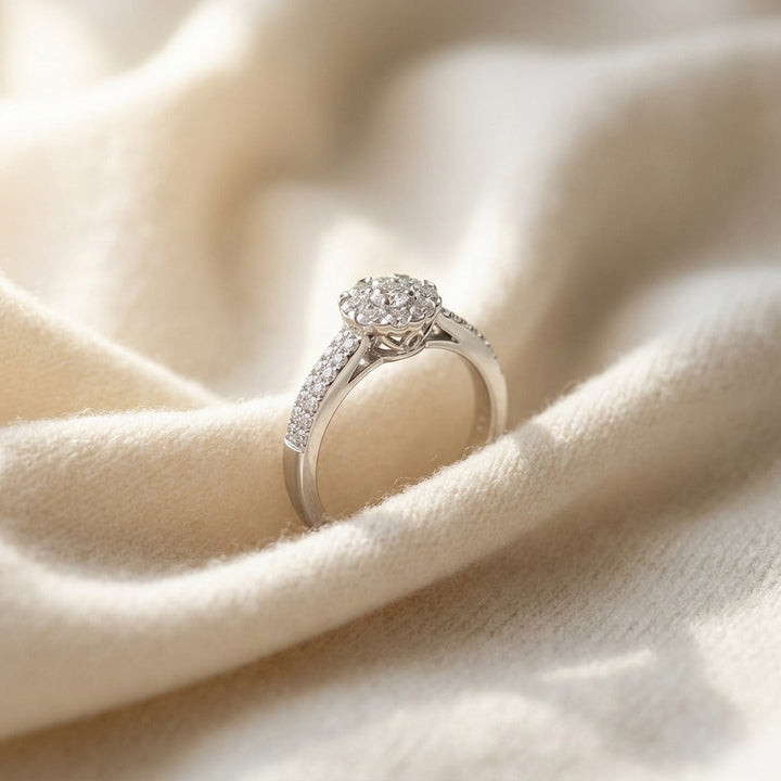 Double Row Pave Diamond Cluster Ring 0.35ctw in 14K White Gold - flat lay