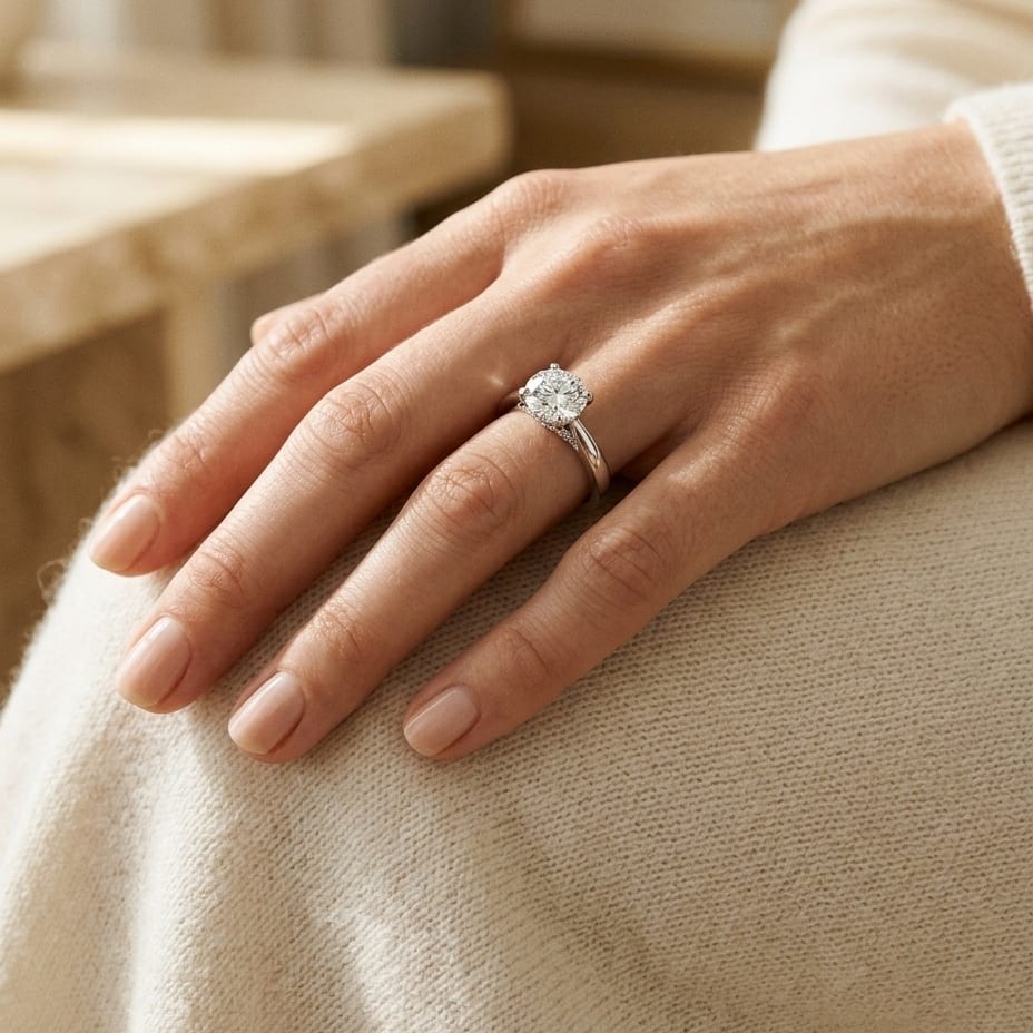 Diamond Ring with Milgrained Leaf Gallery in 14K White Gold - editorial