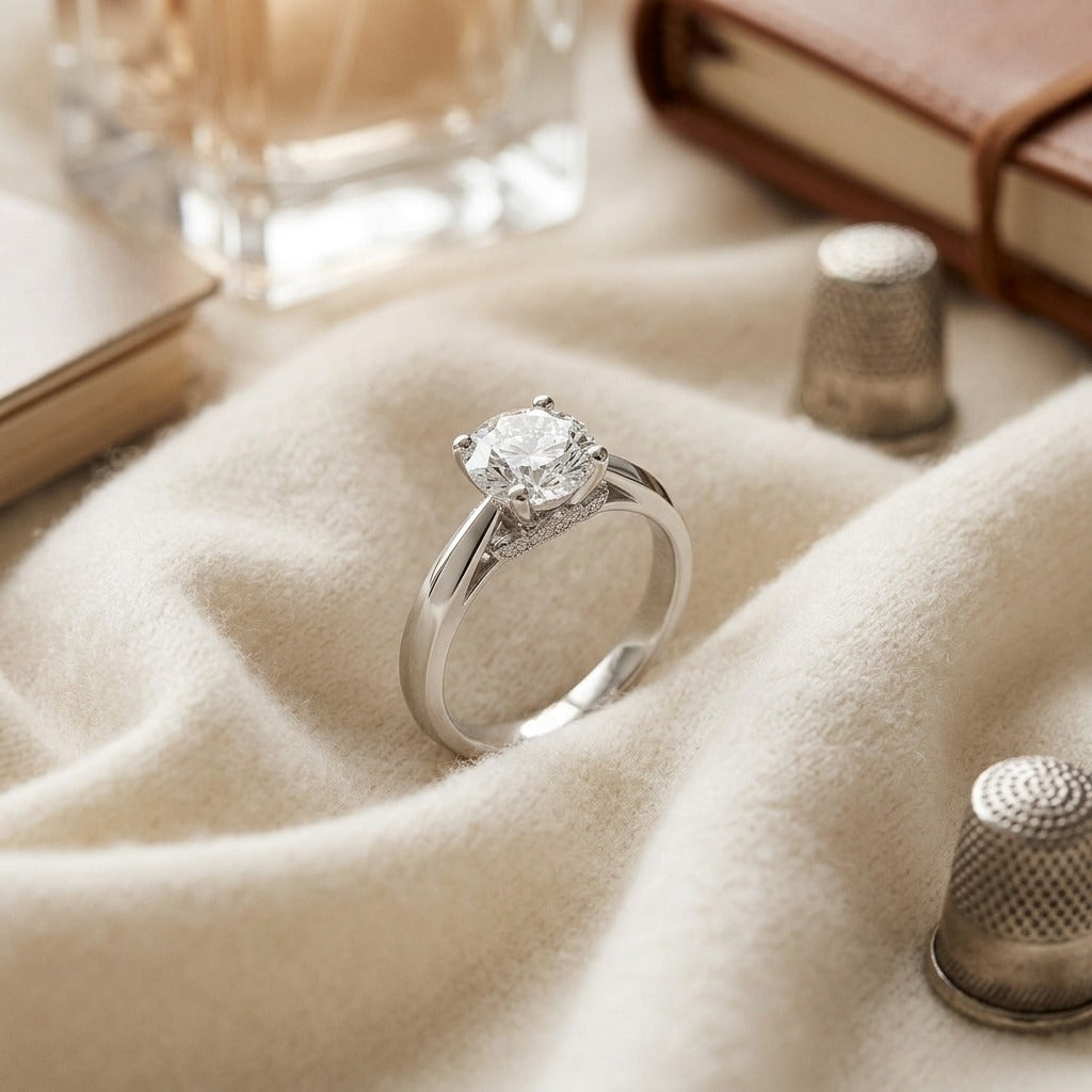 Diamond Ring with Milgrained Leaf Gallery in 14K White Gold - flat lay
