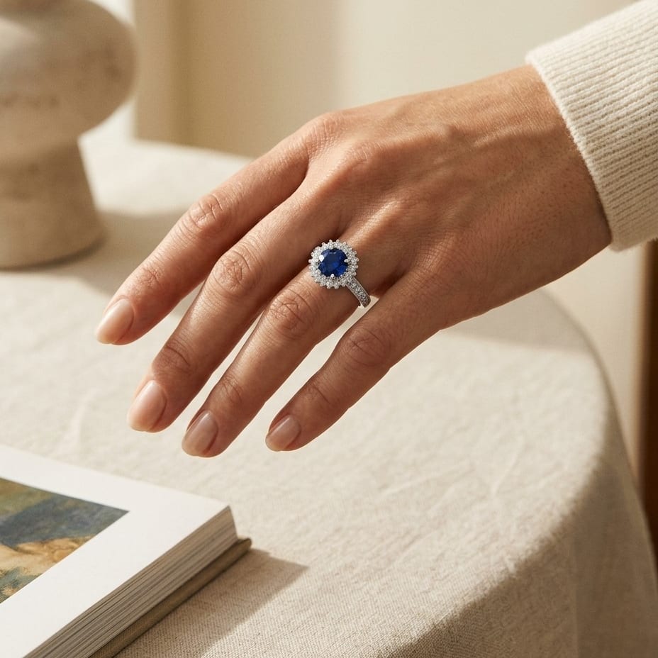 Sapphire & Diamond Prong Halo Ring in 14K White Gold - editorial