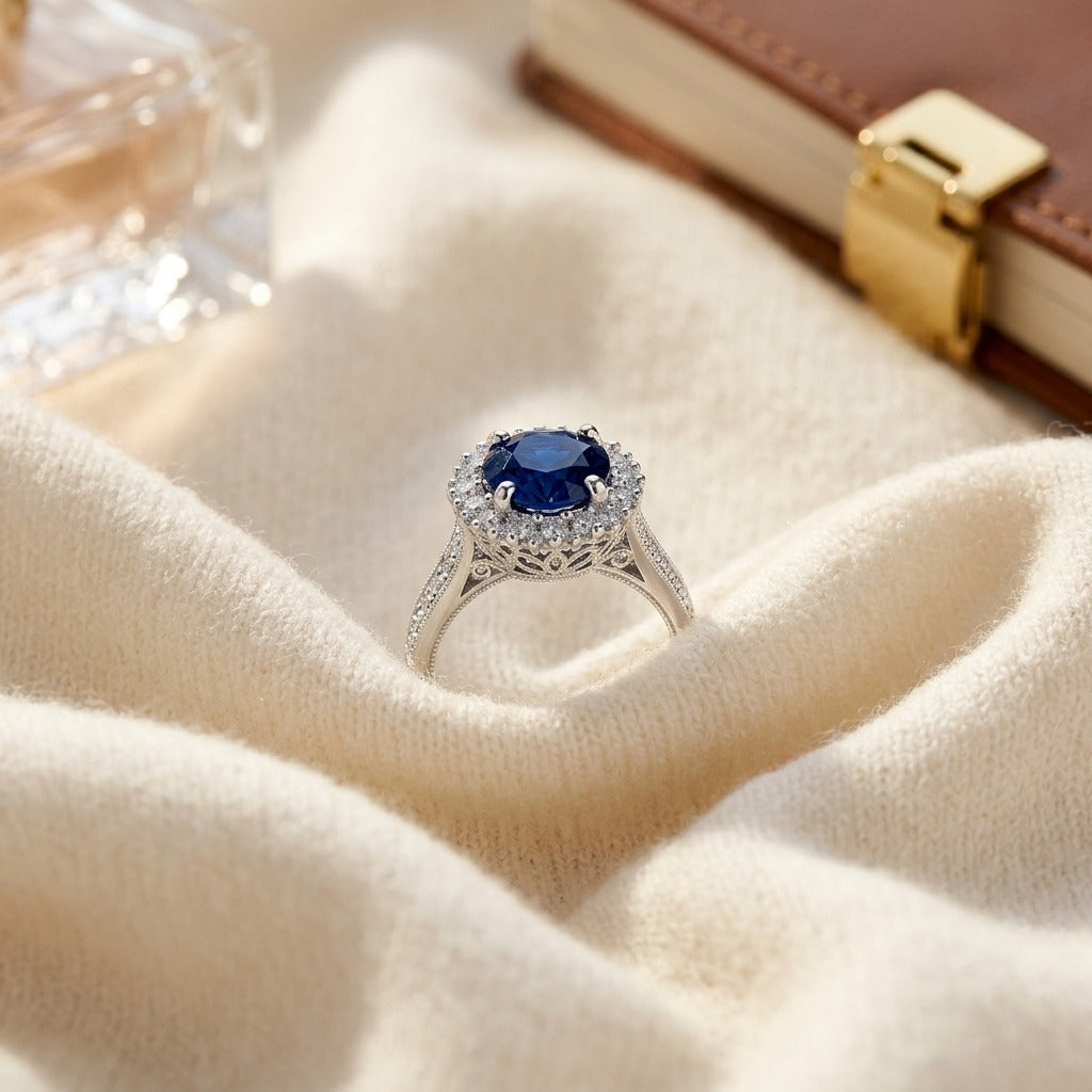 Sapphire & Diamond Prong Halo Ring in 14K White Gold - flat lay