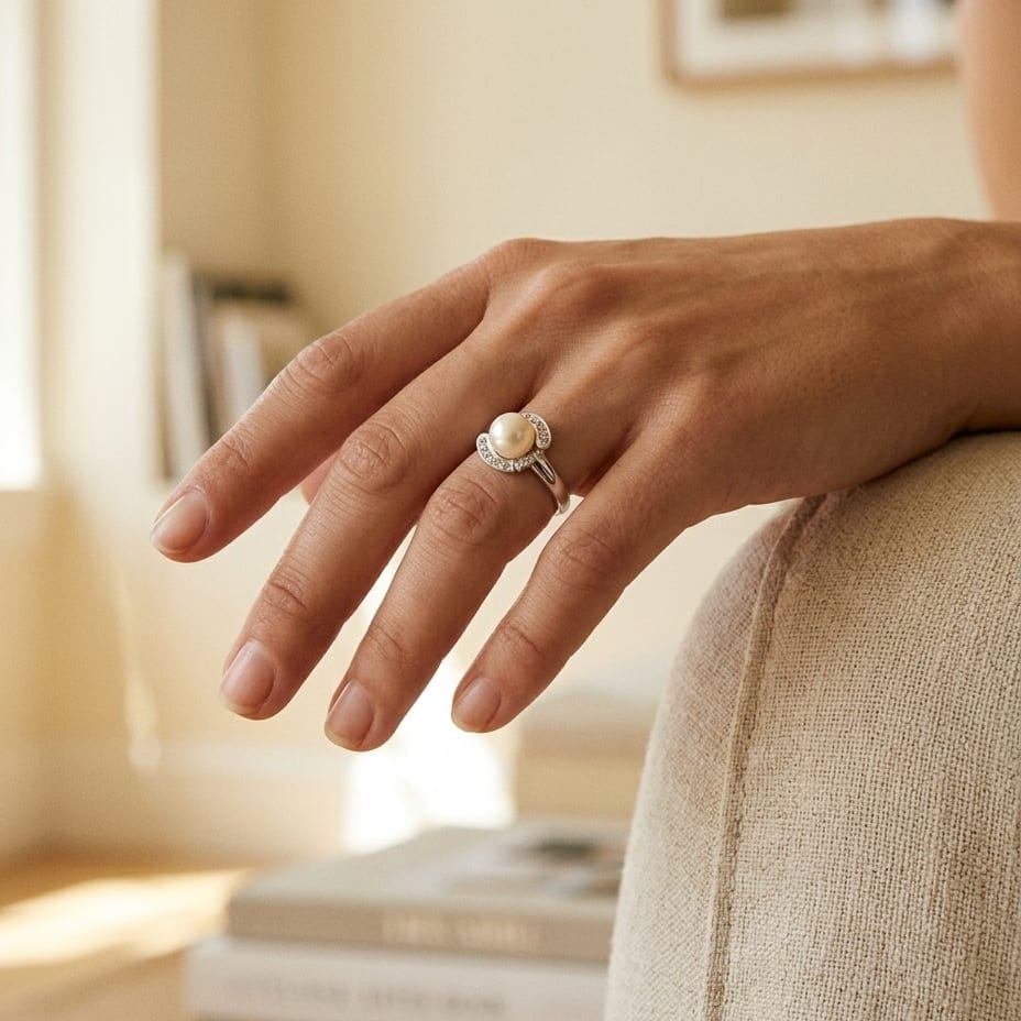 Akoya Pearl & Diamond Ring in 14K White Gold - editorial