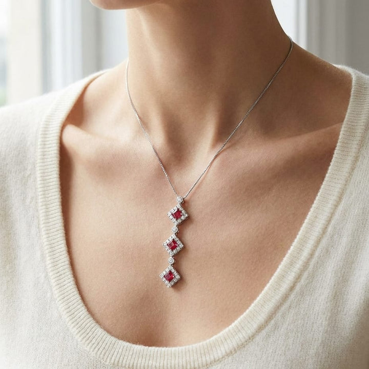 Pink Tourmaline Halo Pendant in 14K White Gold, worn close-up portrait