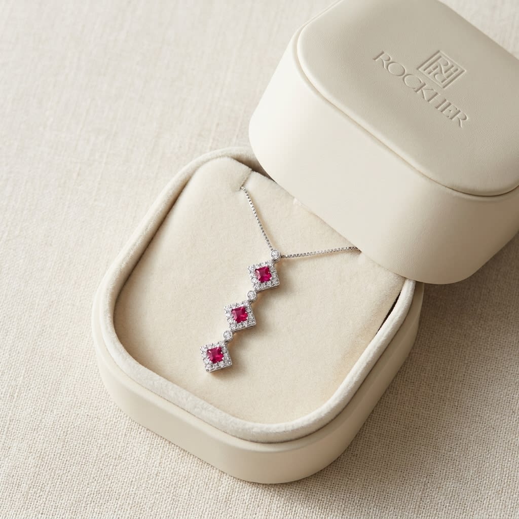 Pink Tourmaline Halo Pendant in 14K White Gold, in navy velvet jewelry box
