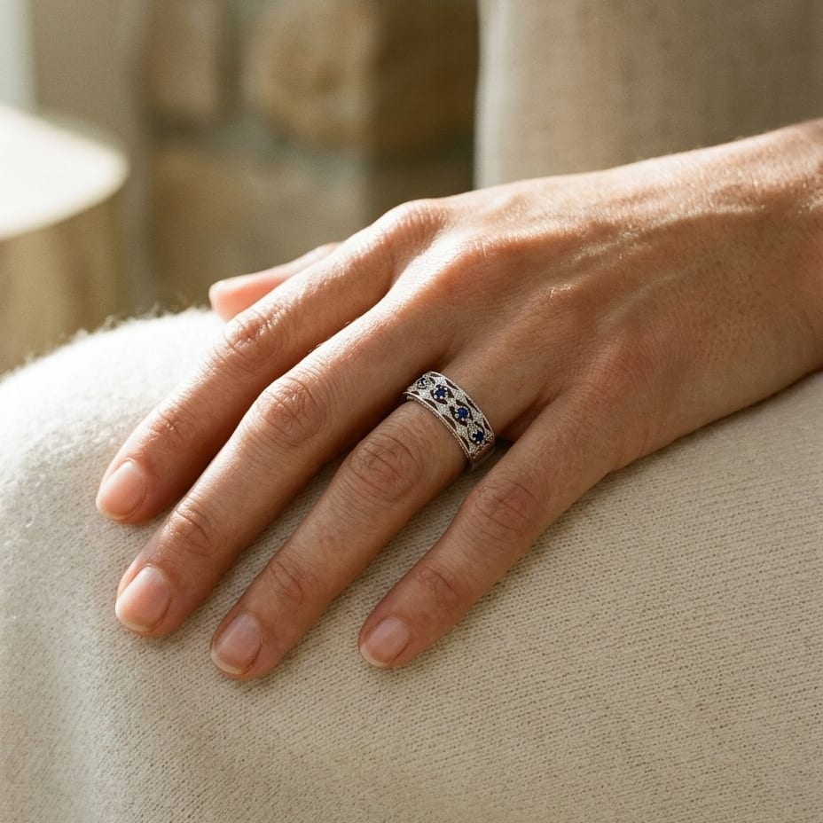 Sapphire & Diamond Triple Row Millgrain Ring in 14K White Gold - lifestyle