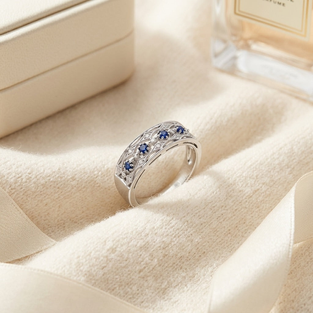 Sapphire & Diamond Triple Row Millgrain Ring in 14K White Gold - flat lay