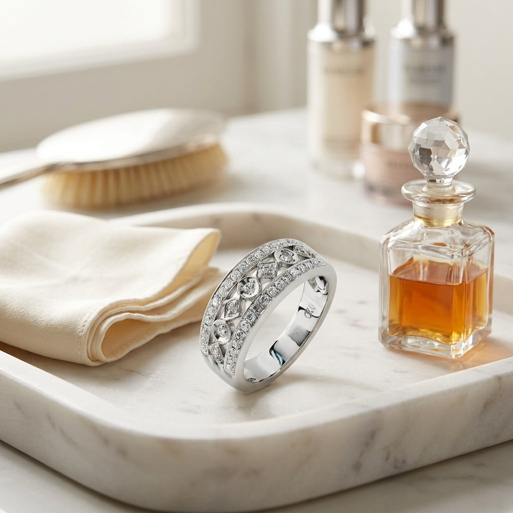 Diamond Shape & Circle Pattern Band with Pave Edging in 14K White Gold - lifestyle