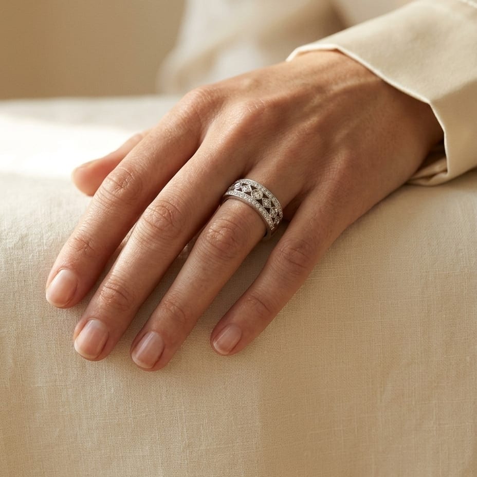 Diamond Shape & Circle Pattern Band with Pave Edging in 14K White Gold - editorial