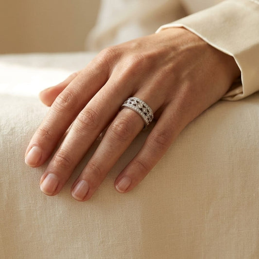 Diamond Shape & Circle Pattern Band with Pave Edging in 14K White Gold - editorial