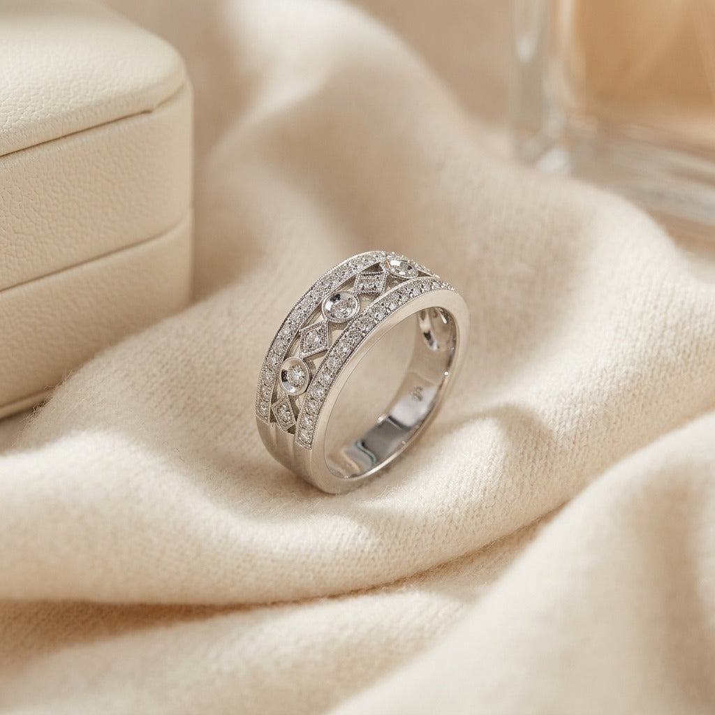 Diamond Shape & Circle Pattern Band with Pave Edging in 14K White Gold - flat lay