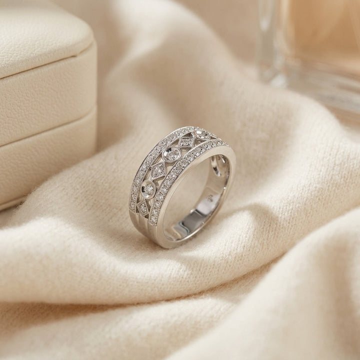 Diamond Shape & Circle Pattern Band with Pave Edging in 14K White Gold - flat lay