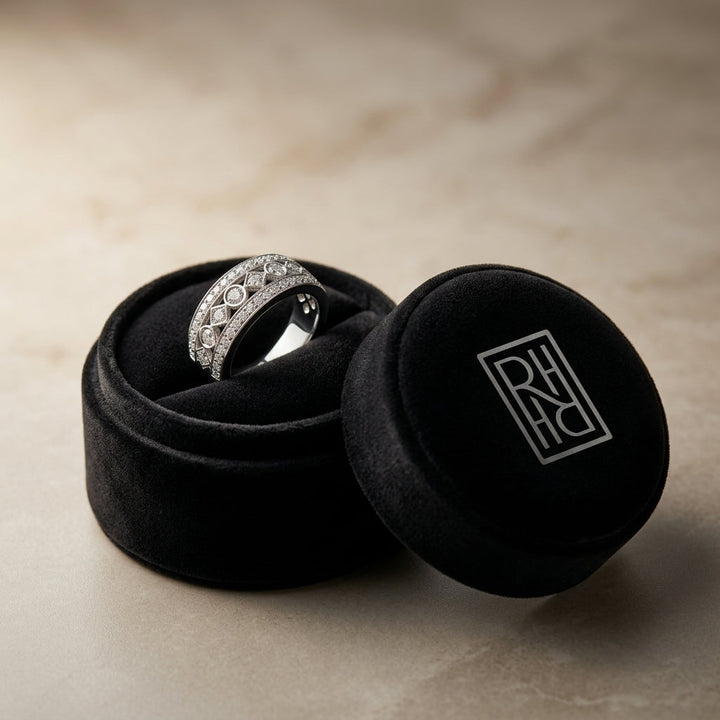 Diamond Shape & Circle Pattern Band with Pave Edging in 14K White Gold - presentation