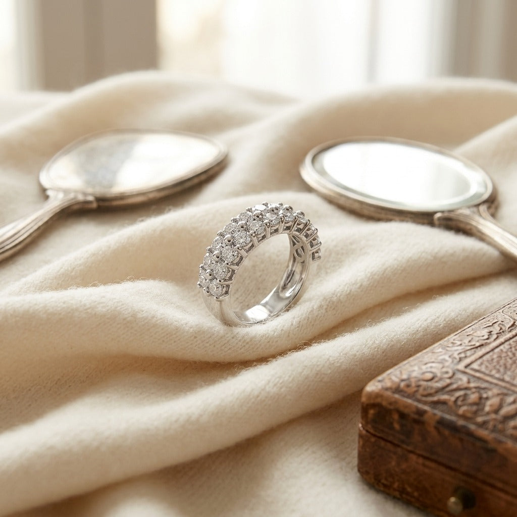 Diamond Double Row Shared Prong Band in 14K White Gold - flat lay