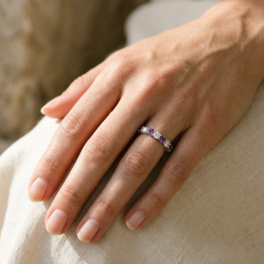 Amethyst & Diamond 7-Stone Band in 14K White Gold - lifestyle