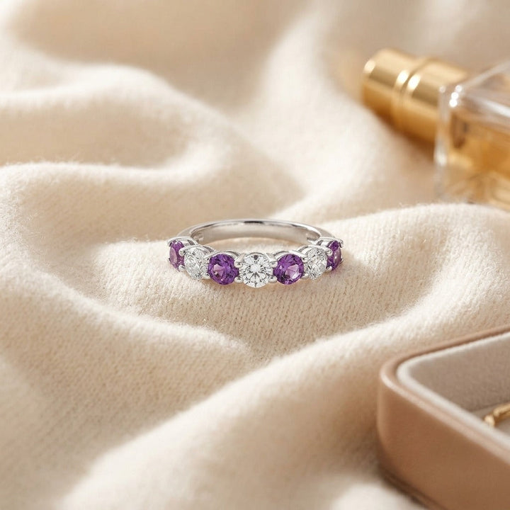 Amethyst & Diamond 7-Stone Band in 14K White Gold - flat lay