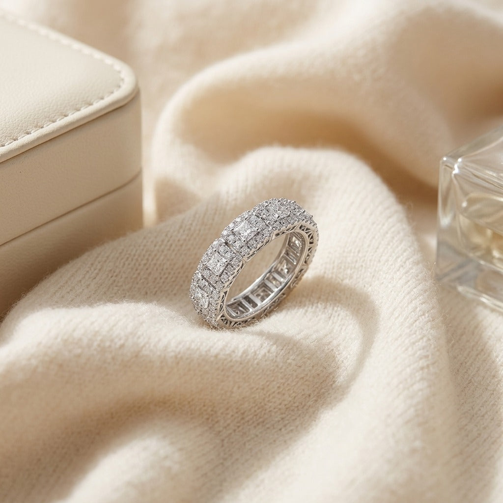 Diamond Square Halo Band in 14K White Gold - flat lay