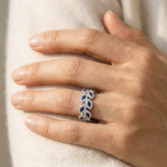 Sapphire And Diamond Floral Leaf Band In 14k White Gold 0.40ctw, worn on hand, close-up