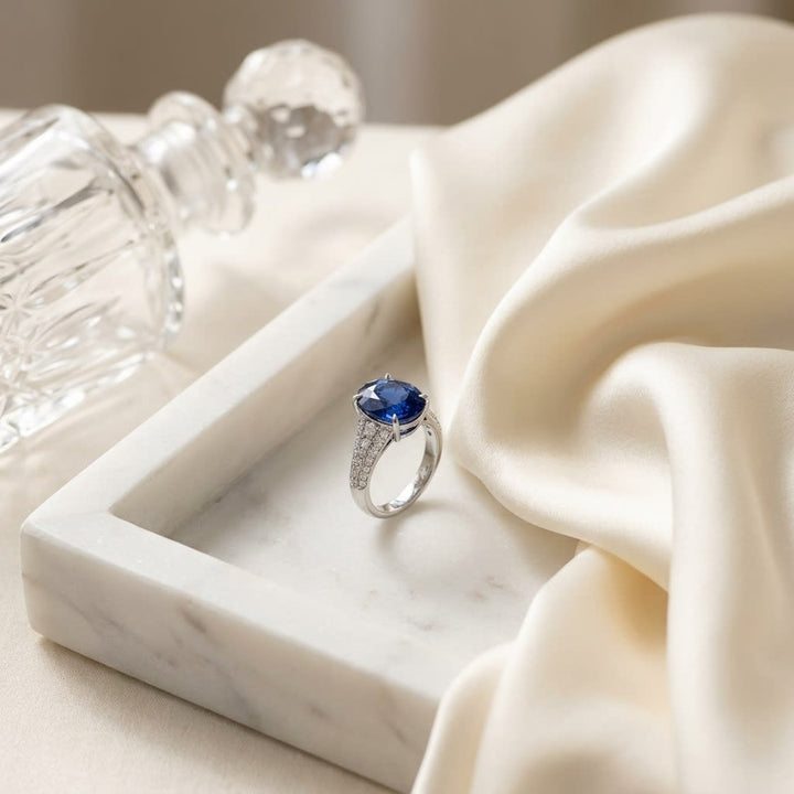 Sapphire And Diamond Floral Leaf Band In 14k White Gold 0.40ctw, on marble vanity tray with silk