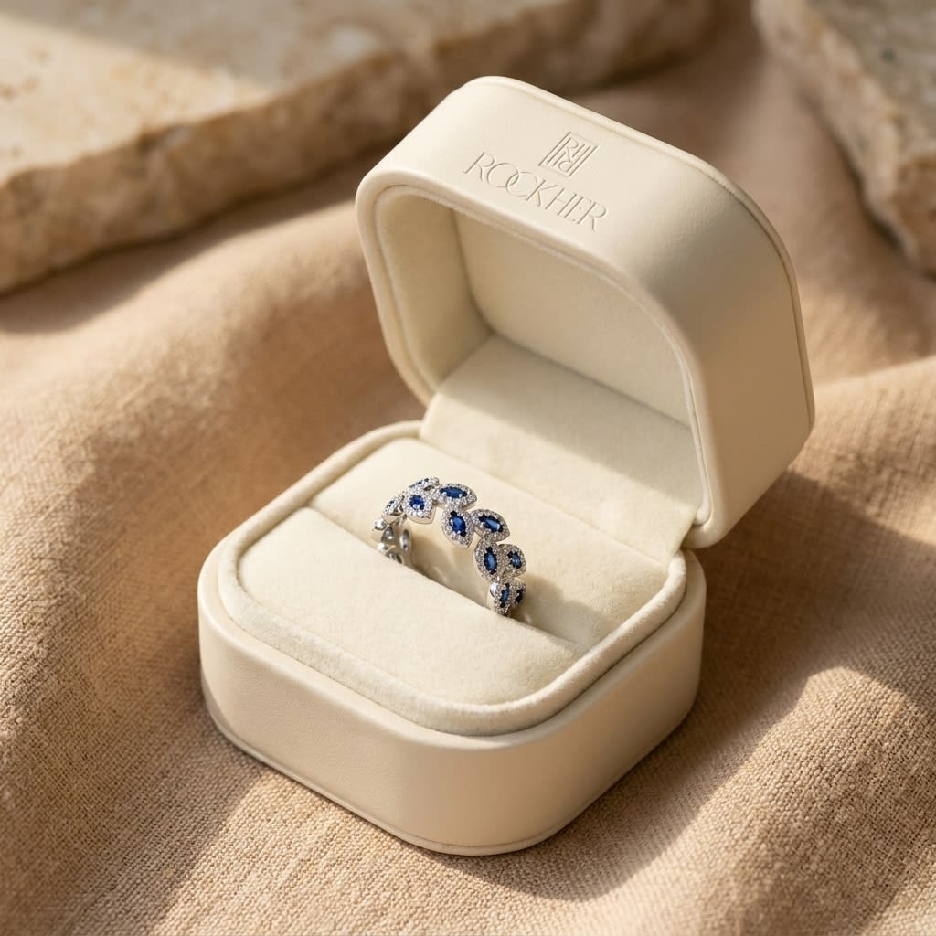 Sapphire And Diamond Floral Leaf Band In 14k White Gold 0.40ctw, in navy velvet jewelry box